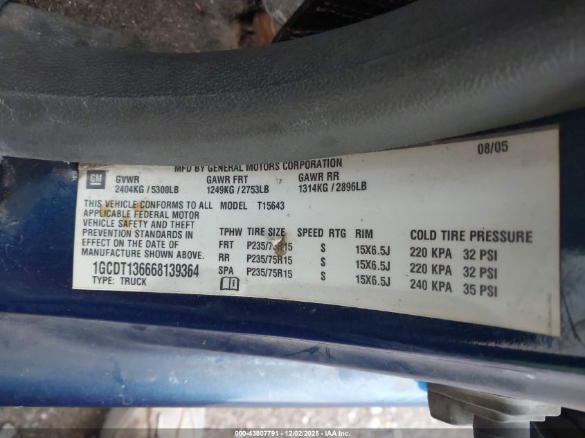 2006 Chevrolet Colorado Lt VIN: 1GCDT136668139364 Lot: 43807791