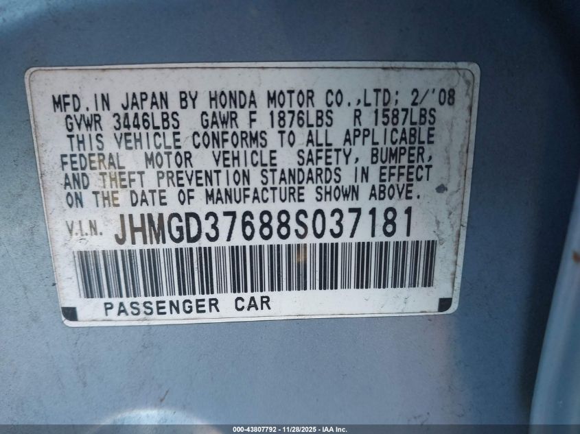 2008 Honda Fit Sport VIN: JHMGD37688S037181 Lot: 43807792