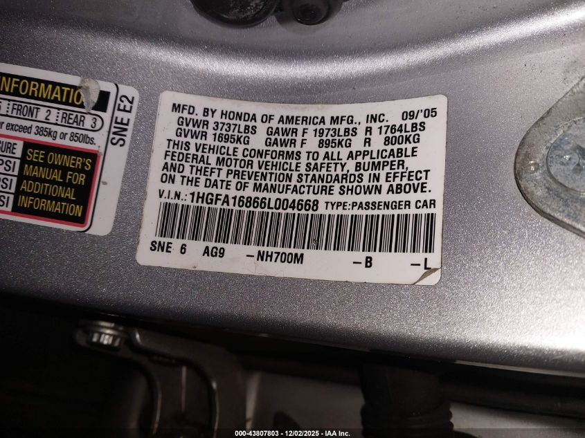 2006 Honda Civic Ex VIN: 1HGFA16866L004668 Lot: 43807803