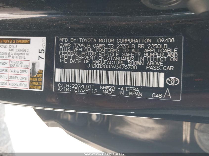 2009 Toyota Prius VIN: JTDKB20U393476708 Lot: 43807805