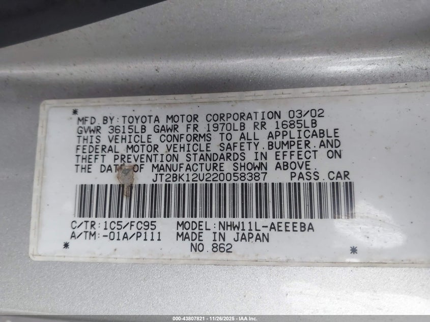 2002 Toyota Prius Base (Ecvt) VIN: JT2BK12U220058387 Lot: 43807821