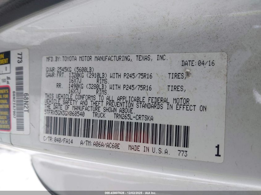 2016 Toyota Tacoma Sr VIN: 5TFRX5GN3GX068540 Lot: 43807828