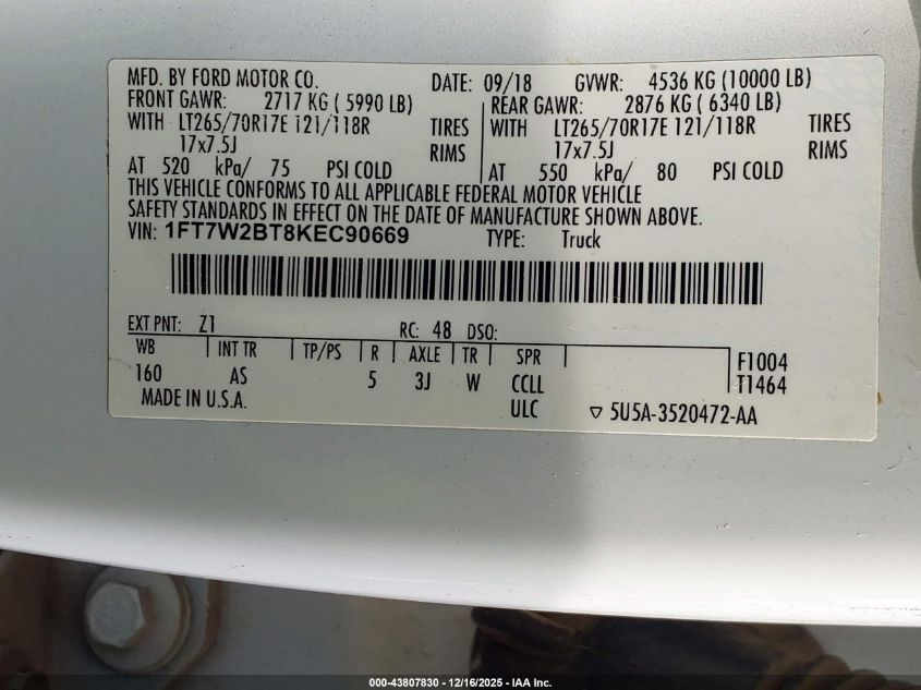 2019 Ford F-250 Xl VIN: 1FT7W2BT8KEC90669 Lot: 43807830