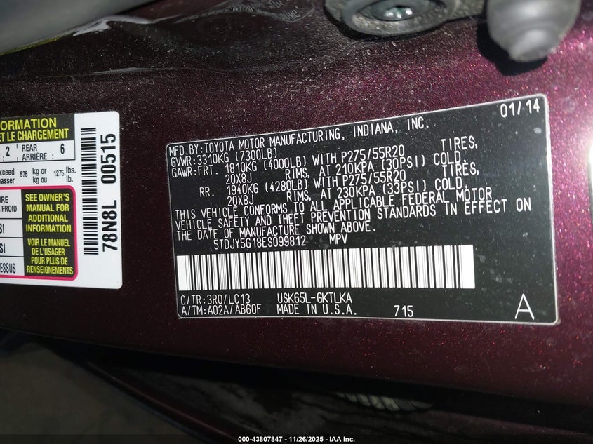 2014 Toyota Sequoia Limited 5.7L V8 VIN: 05TDJY5G18ES09981 Lot: 43807847