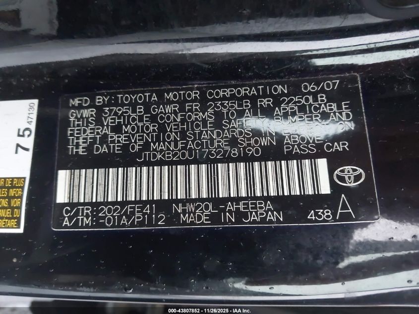 2007 Toyota Prius VIN: JTDKB20U173278190 Lot: 43807852