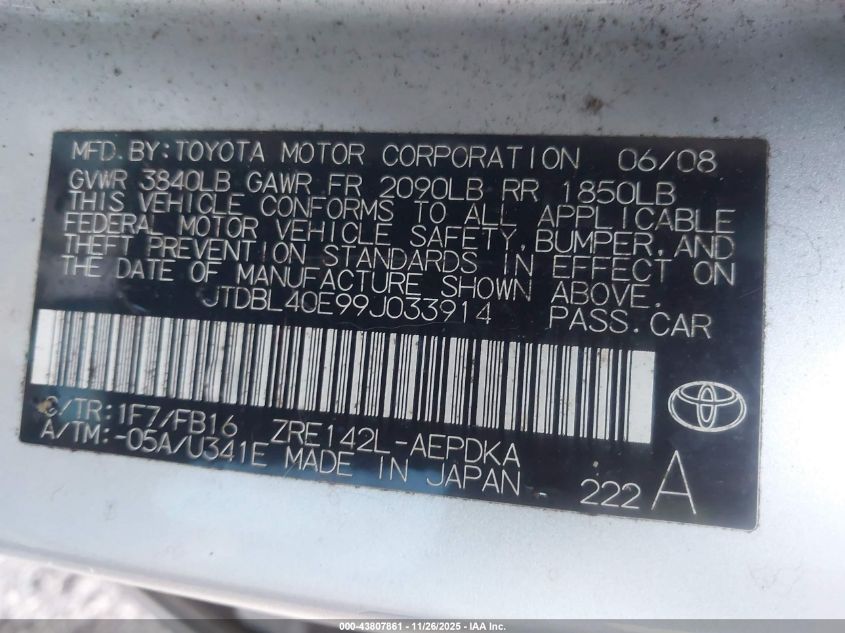 2009 Toyota Corolla Le VIN: JTDBL40E99J033914 Lot: 43807861