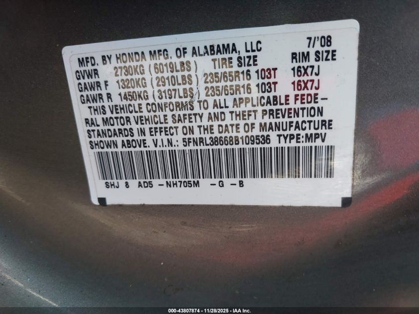 2008 Honda Odyssey Ex-L VIN: 5FNRL38668B109536 Lot: 43807874