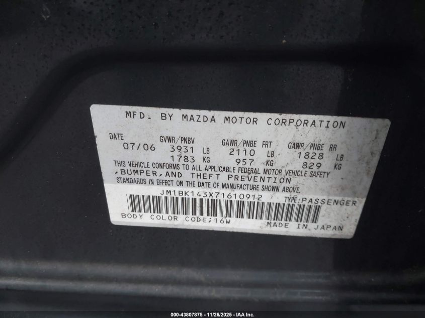 2007 Mazda Mazda3 S Sport VIN: JM1BK143X71610912 Lot: 43807875