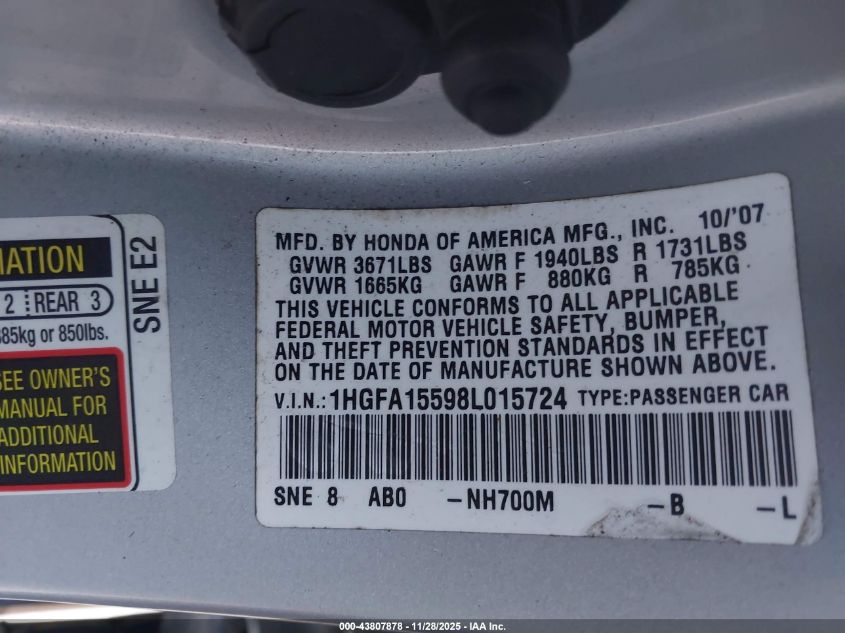 2008 Honda Civic Lx VIN: 1HGFA15598L015724 Lot: 43807878