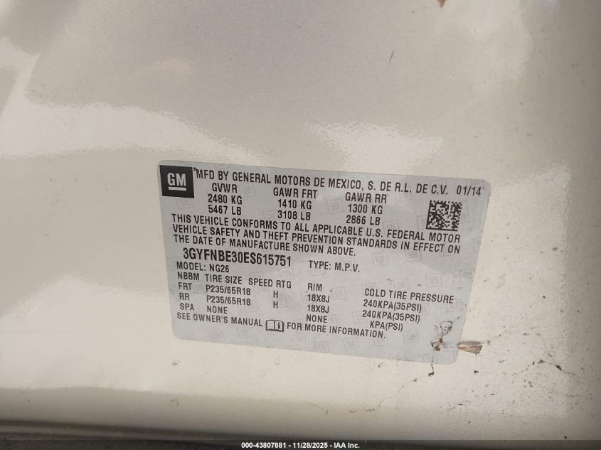 2014 Cadillac Srx Luxury Collection VIN: 3GYFNBE30ES615751 Lot: 43807881