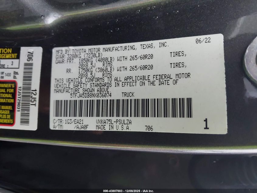 2022 Toyota Tundra Limited VIN: 5TFJA5DB8NX036074 Lot: 43807883