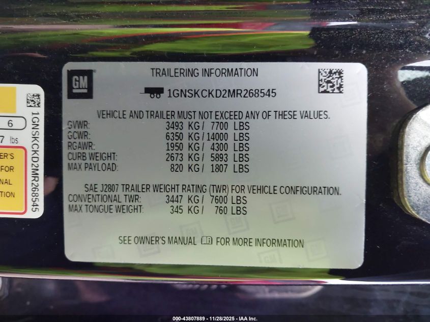 2021 Chevrolet Suburban 4Wd Lt VIN: 1GNSKCKD2MR268545 Lot: 43807889