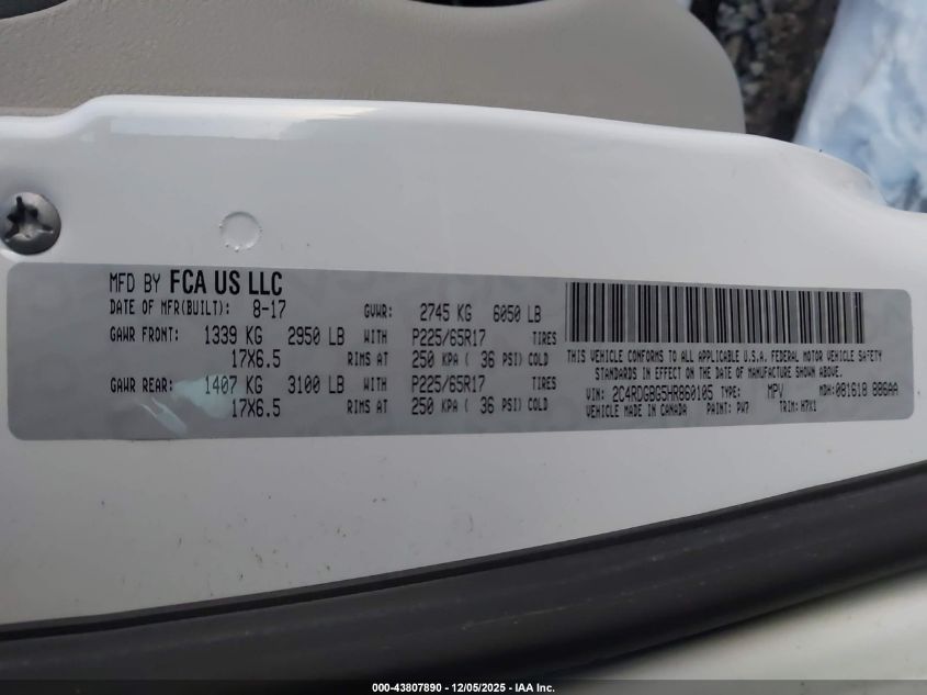 2017 Dodge Grand Caravan Se VIN: 002C4RDGBG5HR8601 Lot: 43807890