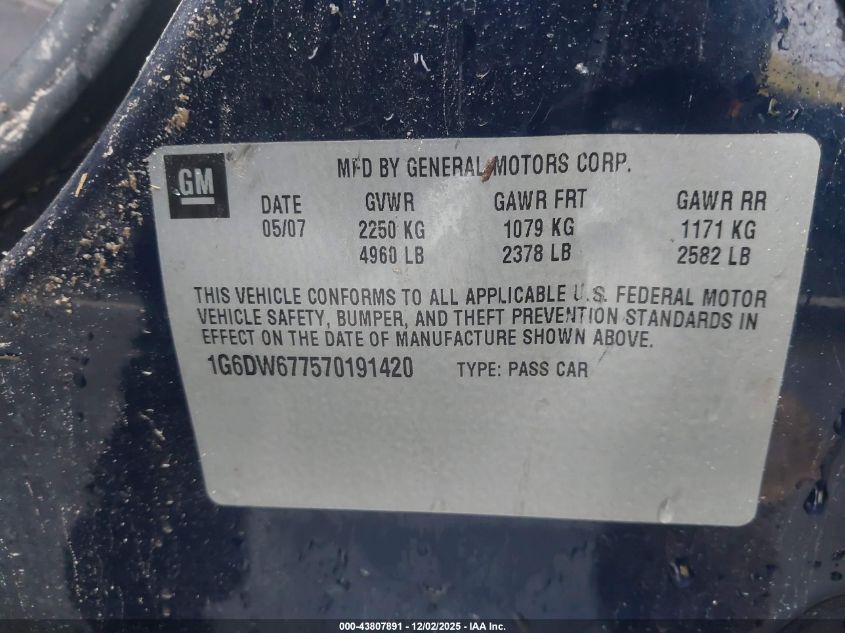 2007 Cadillac Sts V6 VIN: 1G6DW677570191420 Lot: 43807891