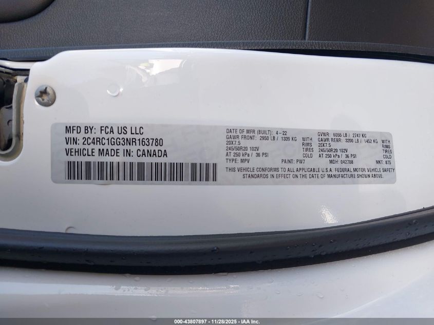 2022 Chrysler Pacifica Limited VIN: 2C4RC1GG3NR163780 Lot: 43807897