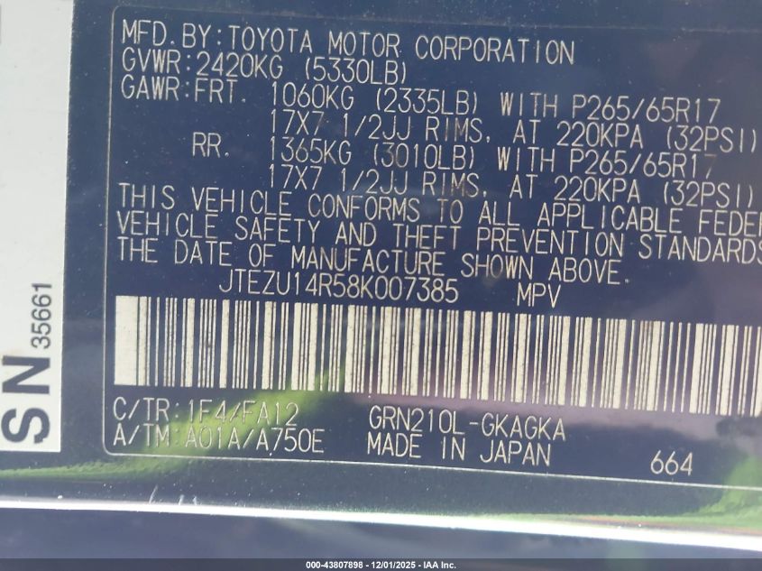 2008 Toyota 4Runner Sr5 V6 VIN: JTEZU14R58K007385 Lot: 43807898