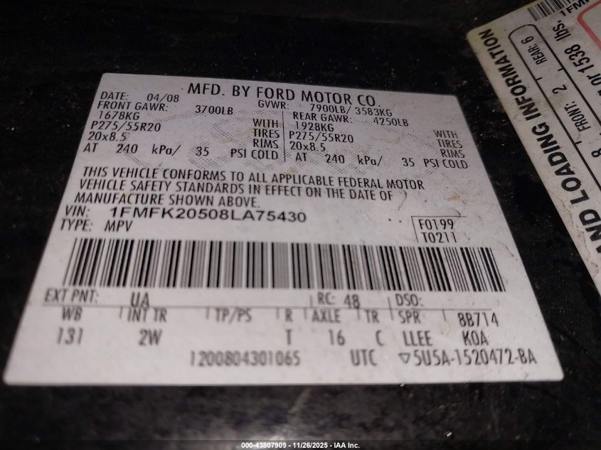 2008 Ford Expedition El Limited VIN: 1FMFK20508LA75430 Lot: 43807909