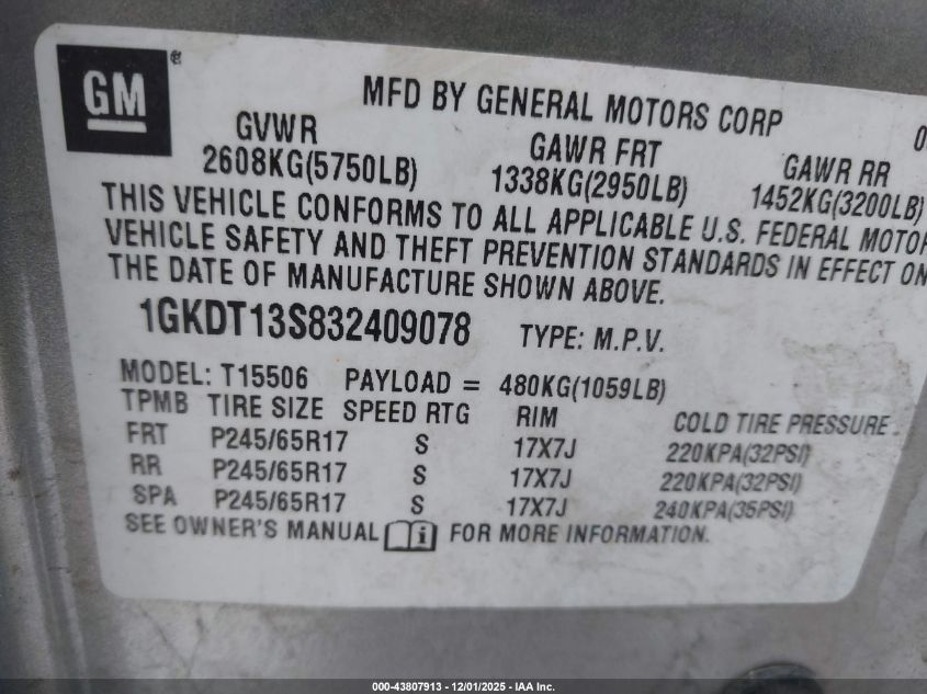 2003 GMC Envoy Sle VIN: 1GKDT13S832409078 Lot: 43807913