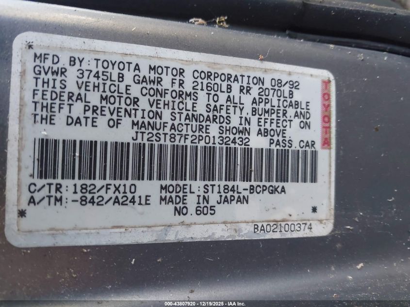 1993 Toyota Celica Gt VIN: JT2ST87F2P0132432 Lot: 43807920