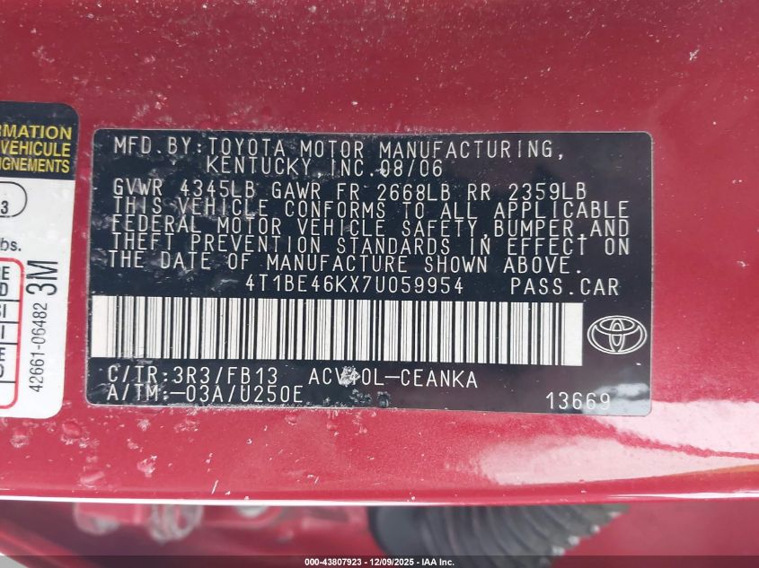 2007 Toyota Camry Le VIN: 4T1BE46KX7U059954 Lot: 43807923