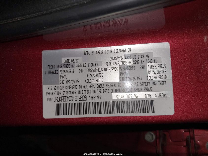 2022 Mazda Cx-5 2.5 S Premium VIN: JM3KFBDM0N1619626 Lot: 43807929