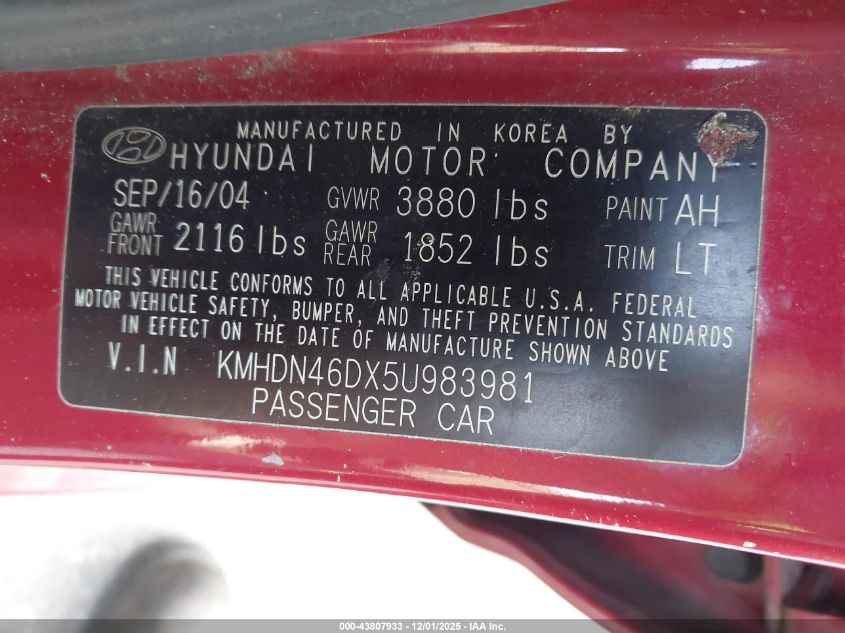 2005 Hyundai Elantra Gls/Gt VIN: KMHDN46DX5U983981 Lot: 43807933