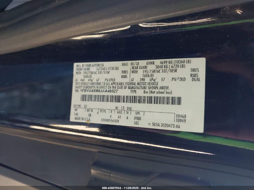 2018 Ford Transit-350 Xlt VIN: 1FBVU4XM8JKA48527 Lot: 43807934