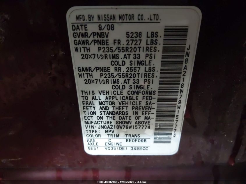 2009 Nissan Murano Le VIN: JN8AZ18W79W157774 Lot: 43807935