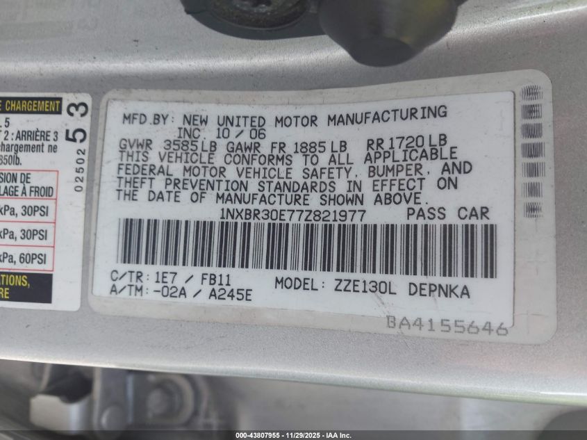 2007 Toyota Corolla Le VIN: 1NXBR30E77Z821977 Lot: 43807955