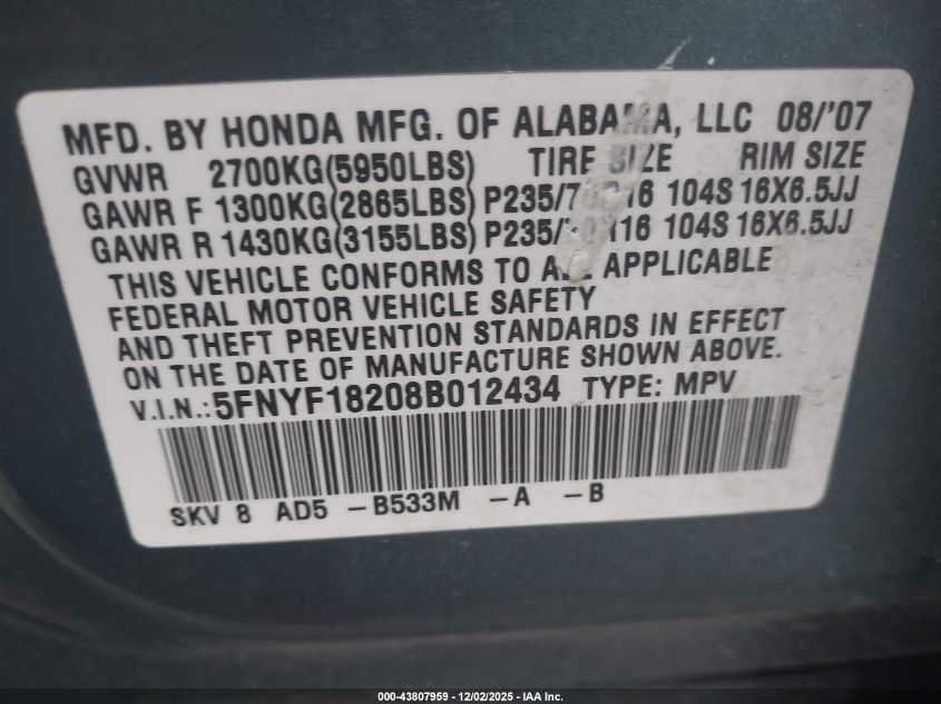 2008 Honda Pilot Vp VIN: 5FNYF18208B012434 Lot: 43807959