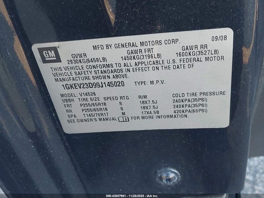 2009 GMC Acadia Slt-1 VIN: 1GKEV23D99J145020 Lot: 43807961