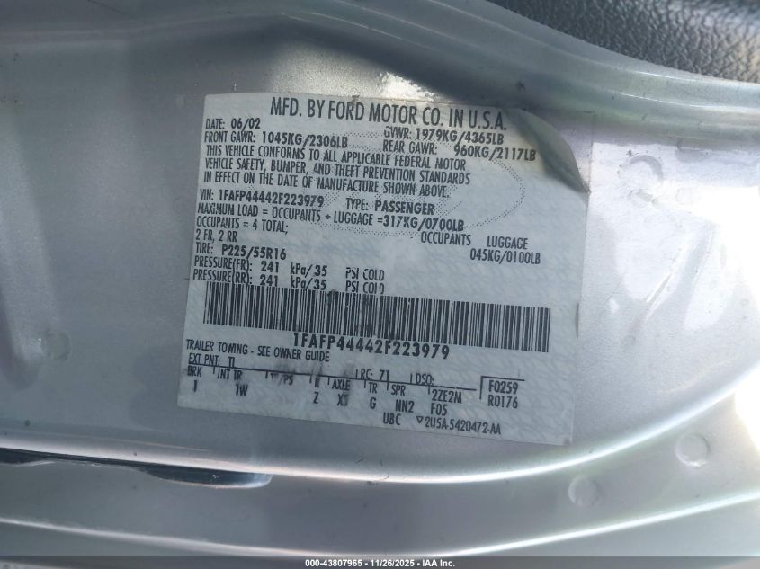2002 Ford Mustang VIN: 1FAFP44442F223979 Lot: 43807965