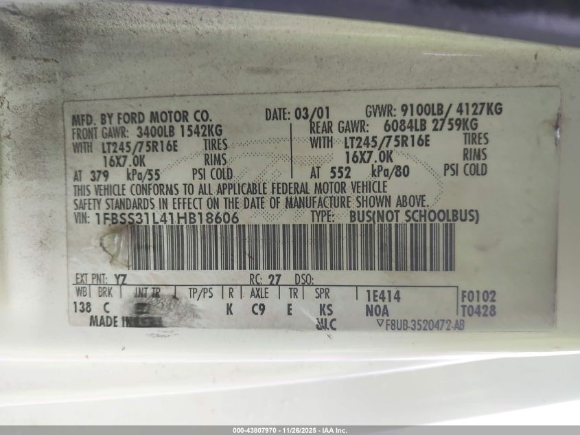 2001 Ford E-350 Super Duty Xl/Xlt VIN: 1FBSS31L41HB18606 Lot: 43807970