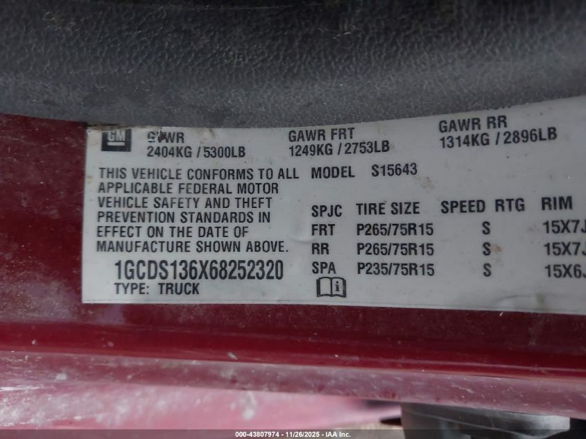 2006 Chevrolet Colorado Lt VIN: 1GCDS136X68252320 Lot: 43807974