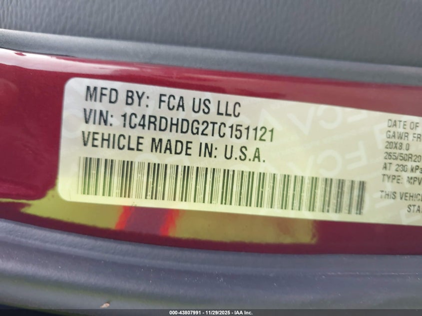 2026 Dodge Durango Gt Rwd VIN: 1C4RDHDG2TC151121 Lot: 43807991