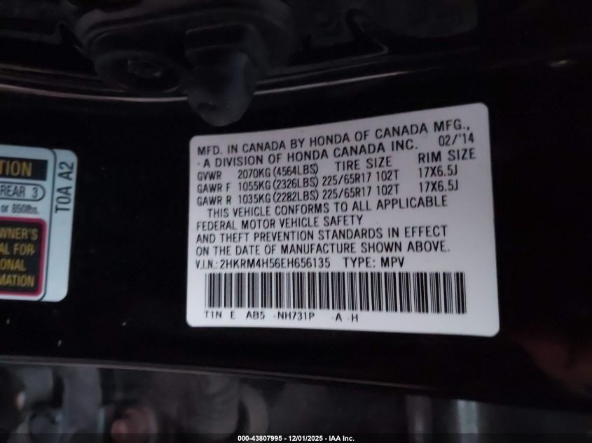 2014 Honda Cr-V Ex VIN: 2HKRM4H56EH656135 Lot: 43807995