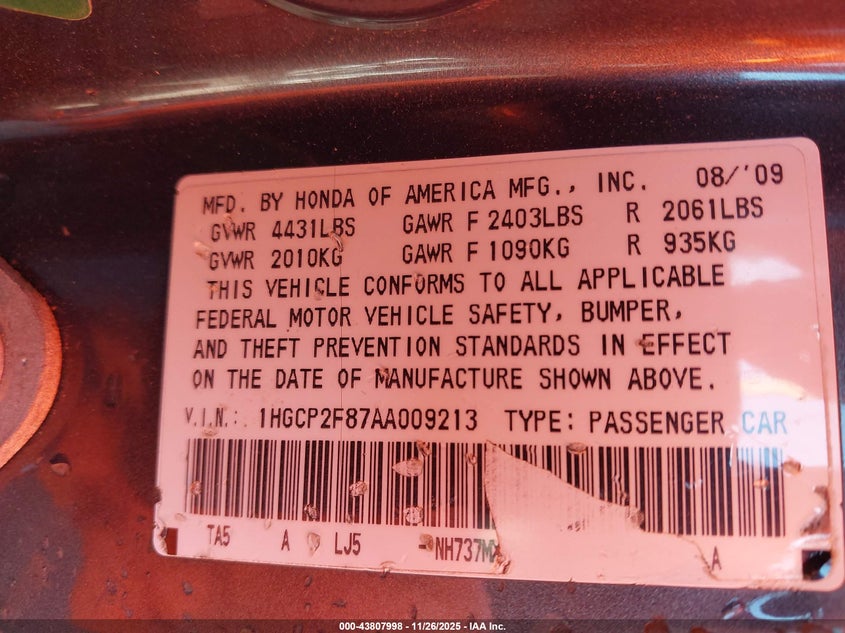 2010 Honda Accord 2.4 Ex-L VIN: 1HGCP2F87AA009213 Lot: 43807998