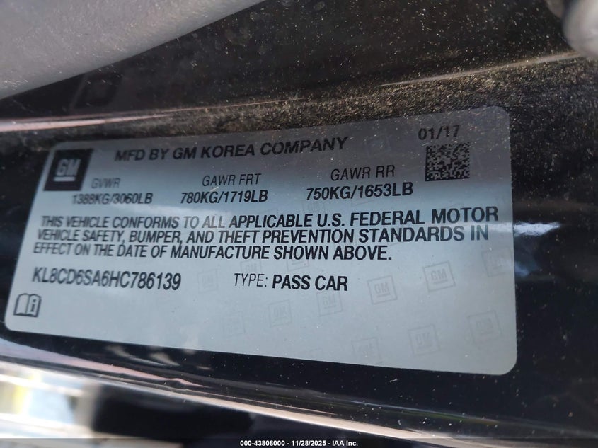 2017 Chevrolet Spark 1Lt Cvt VIN: KL8CD6SA6HC786139 Lot: 43808000