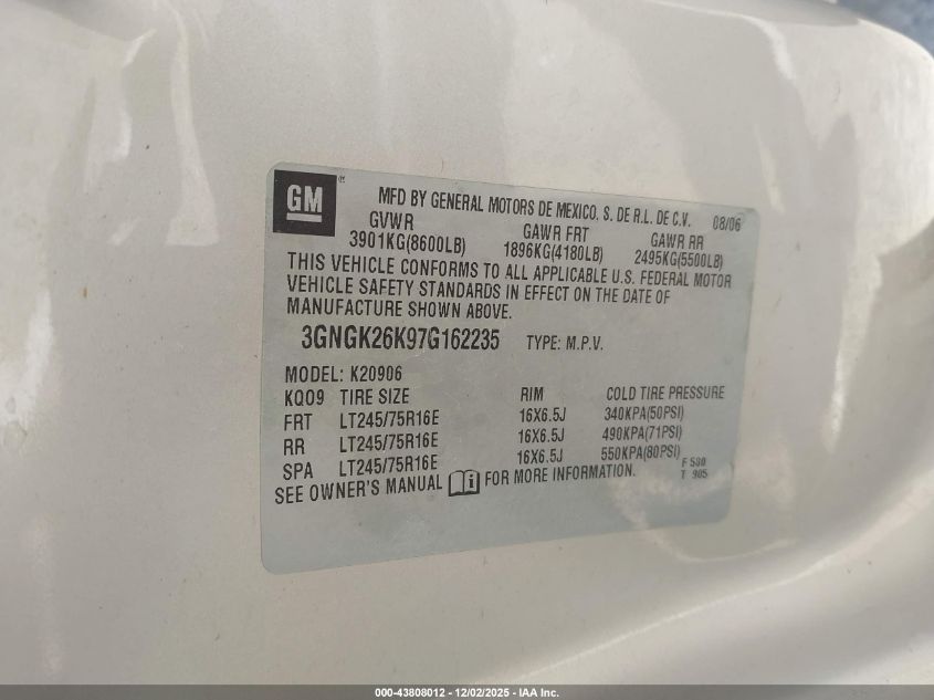 2007 Chevrolet Suburban 2500 Lt VIN: 3GNGK26K97G162235 Lot: 43808012
