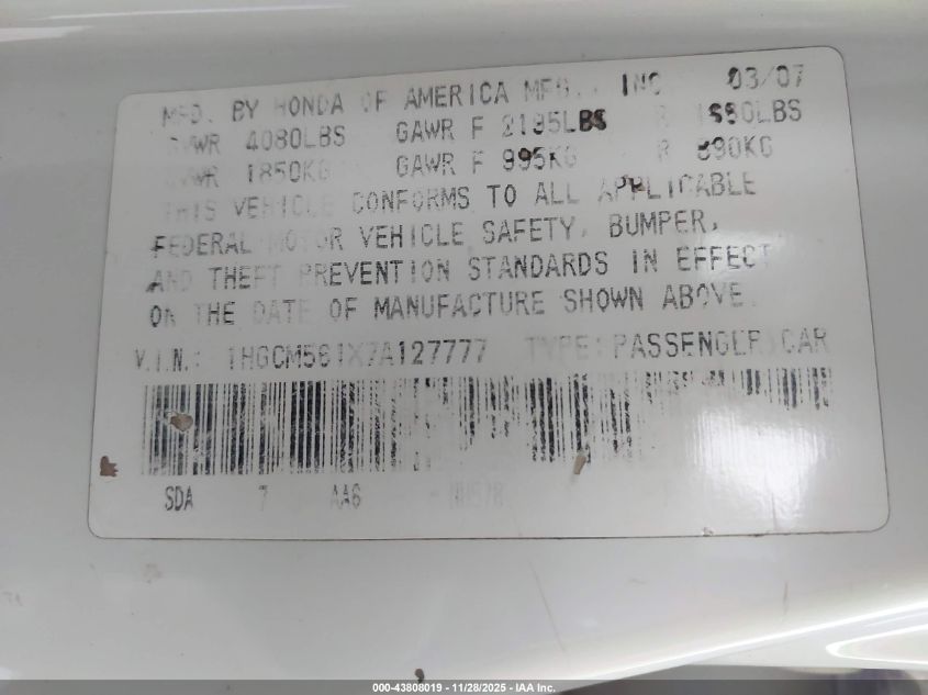 2007 Honda Accord 2.4 Vp VIN: 1HGCM561X7A127777 Lot: 43808019