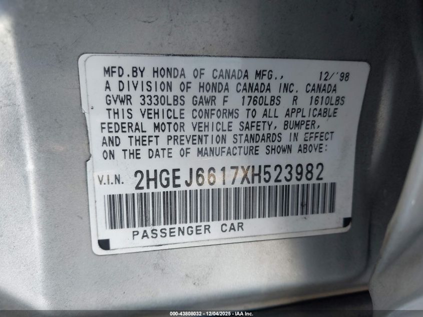 1999 Honda Civic Value Package VIN: 2HGEJ6617XH523982 Lot: 43808032