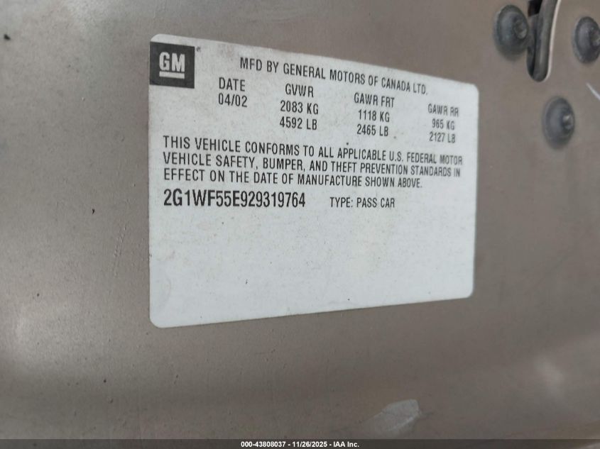 2002 Chevrolet Impala VIN: 2G1WF55E929319764 Lot: 43808037