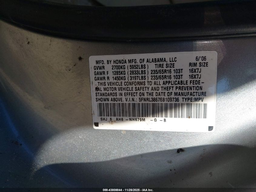 2006 Honda Odyssey Ex-L VIN: 5FNRL38676B109736 Lot: 43808044