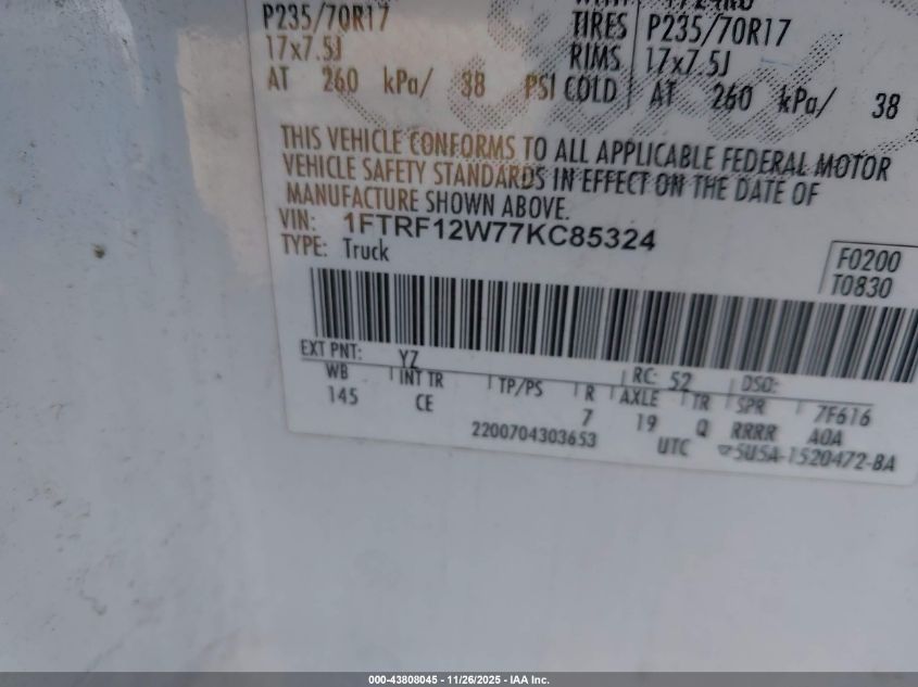 2007 Ford F-150 Stx/Xl/Xlt VIN: 1FTRF12W77KC85324 Lot: 43808045