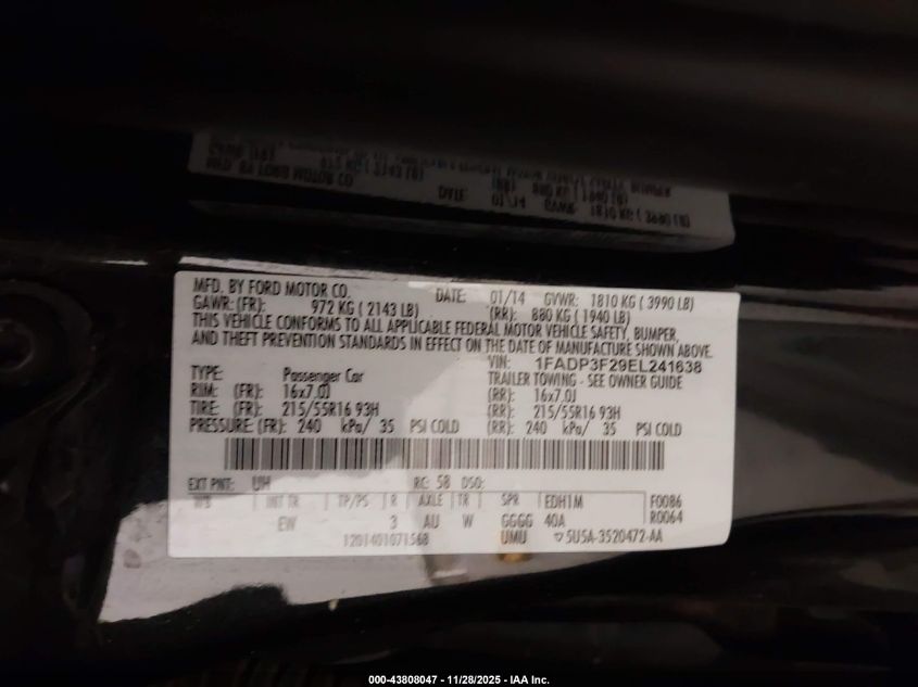 2014 Ford Focus Se VIN: 1FADP3F29EL241638 Lot: 43808047