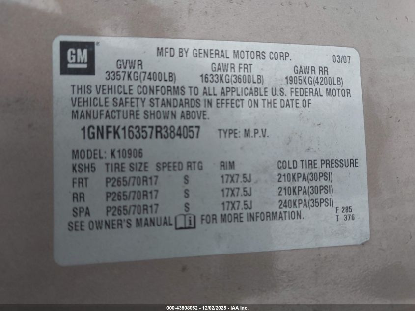 2007 Chevrolet Suburban 1500 Lt VIN: 1GNFK16357R384057 Lot: 43808052