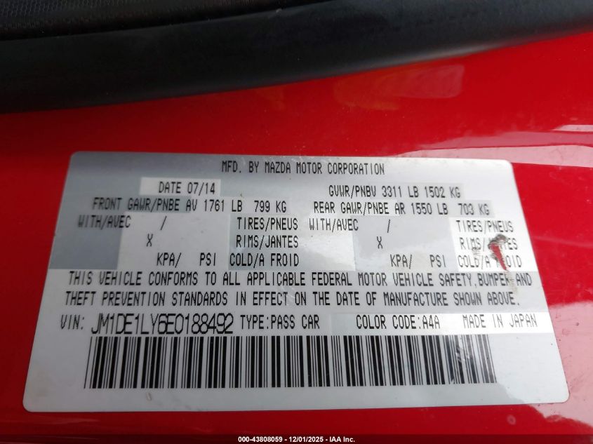 2014 Mazda Mazda2 Touring VIN: JM1DE1LY6E0188492 Lot: 43808059