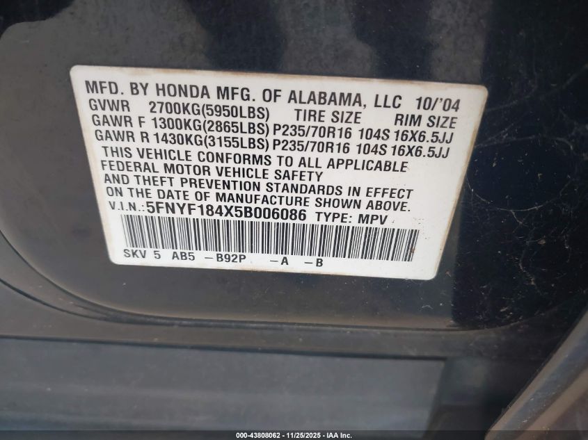 2005 Honda Pilot Ex VIN: 5FNYF184X5B006086 Lot: 43808062