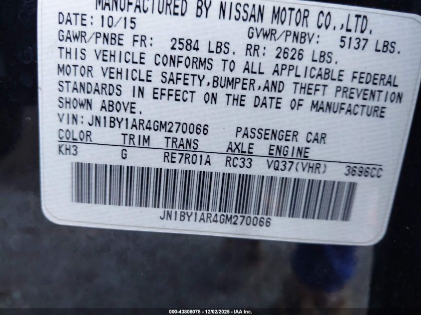 2016 Infiniti Q70 3.7X VIN: JN1BY1AR4GM270066 Lot: 43808078