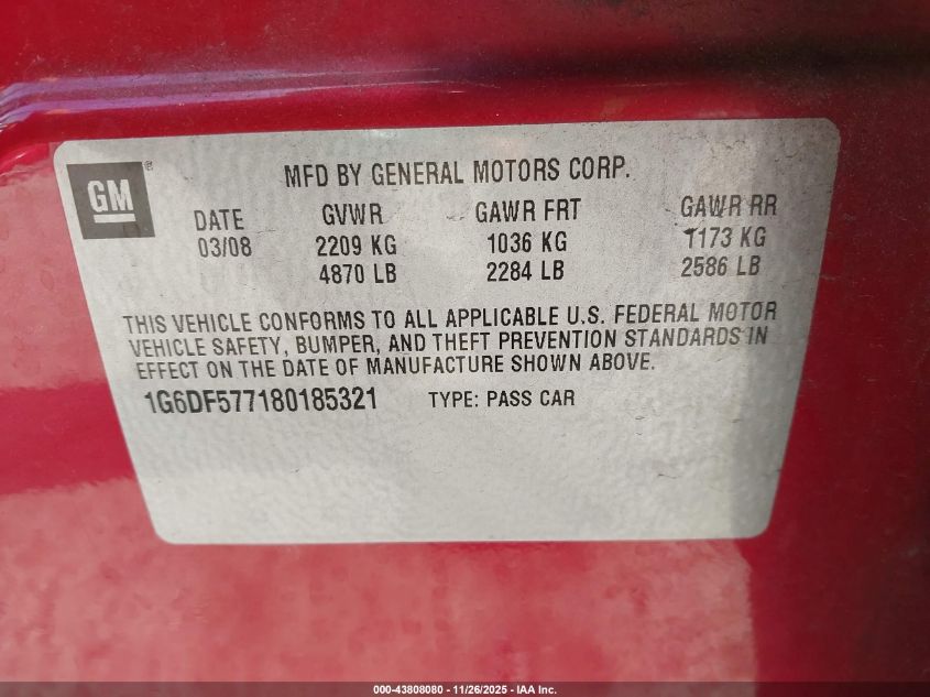 2008 Cadillac Cts Standard VIN: 1G6DF577180185321 Lot: 43808080